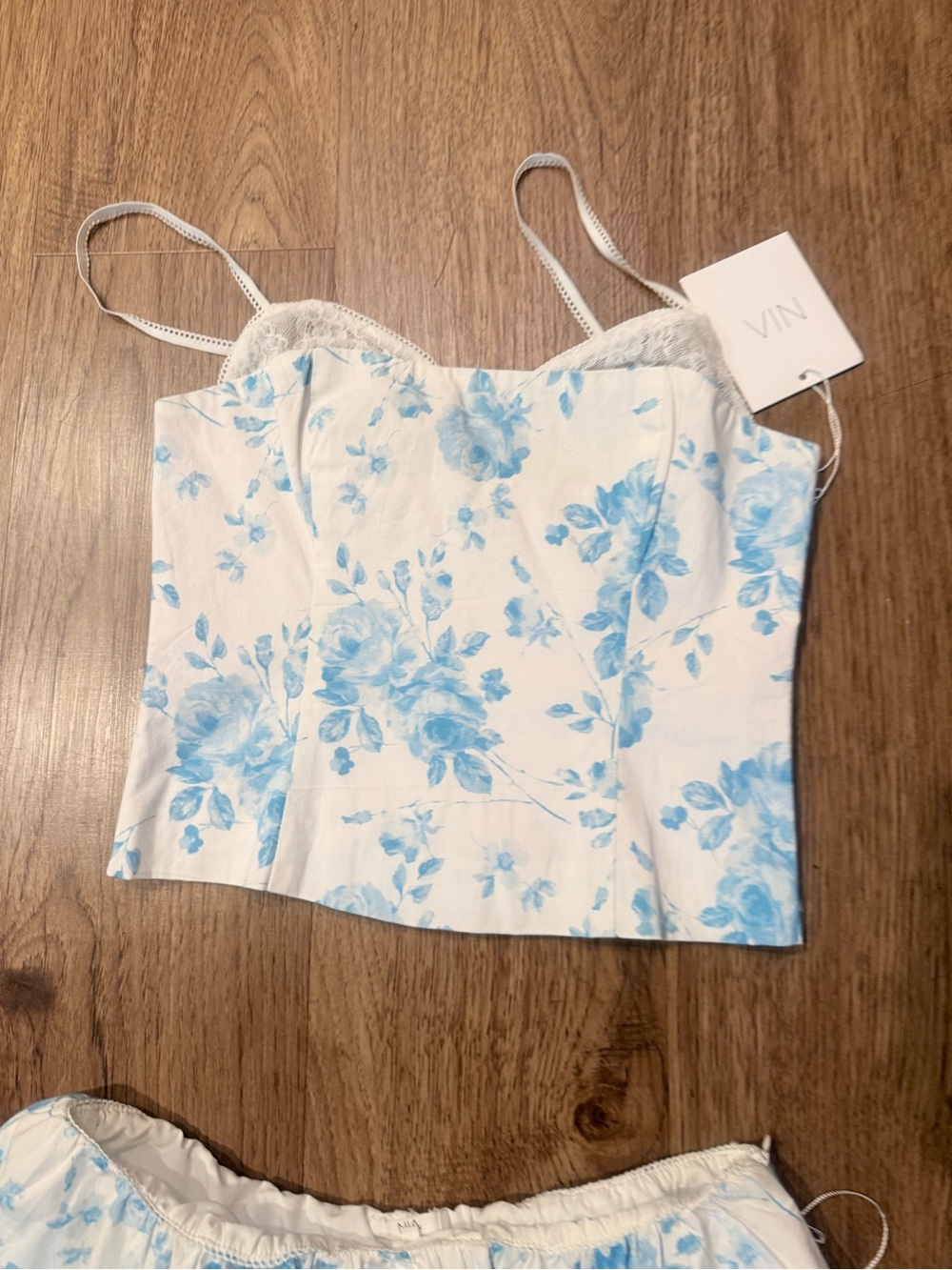 Nia Fremont Top Corset & Matching Blue Floral Mini Skirt Set Size S NWT - Picture 7 of 8